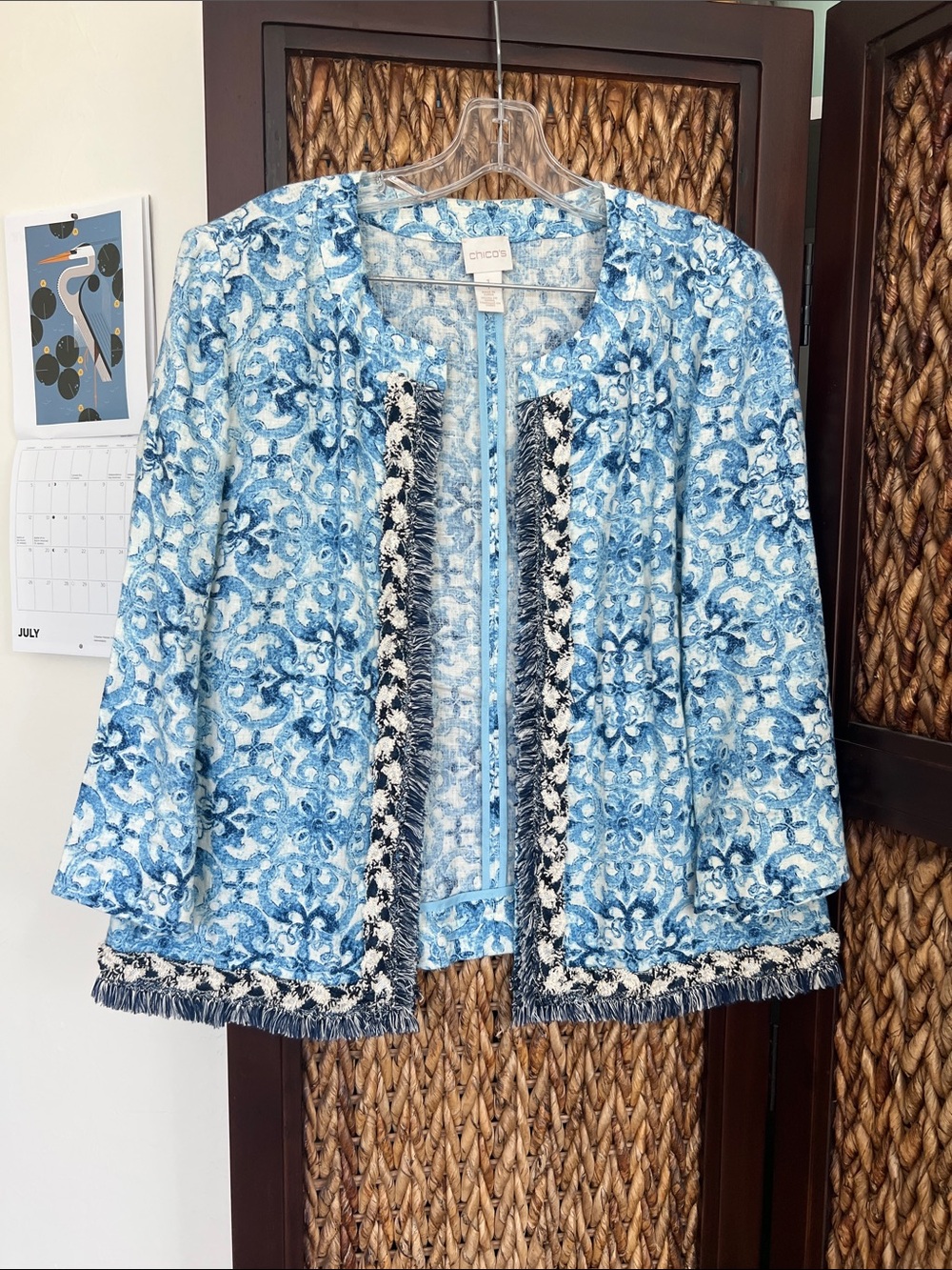Chicos Linen Cobalt Geometric Jacket Size 1